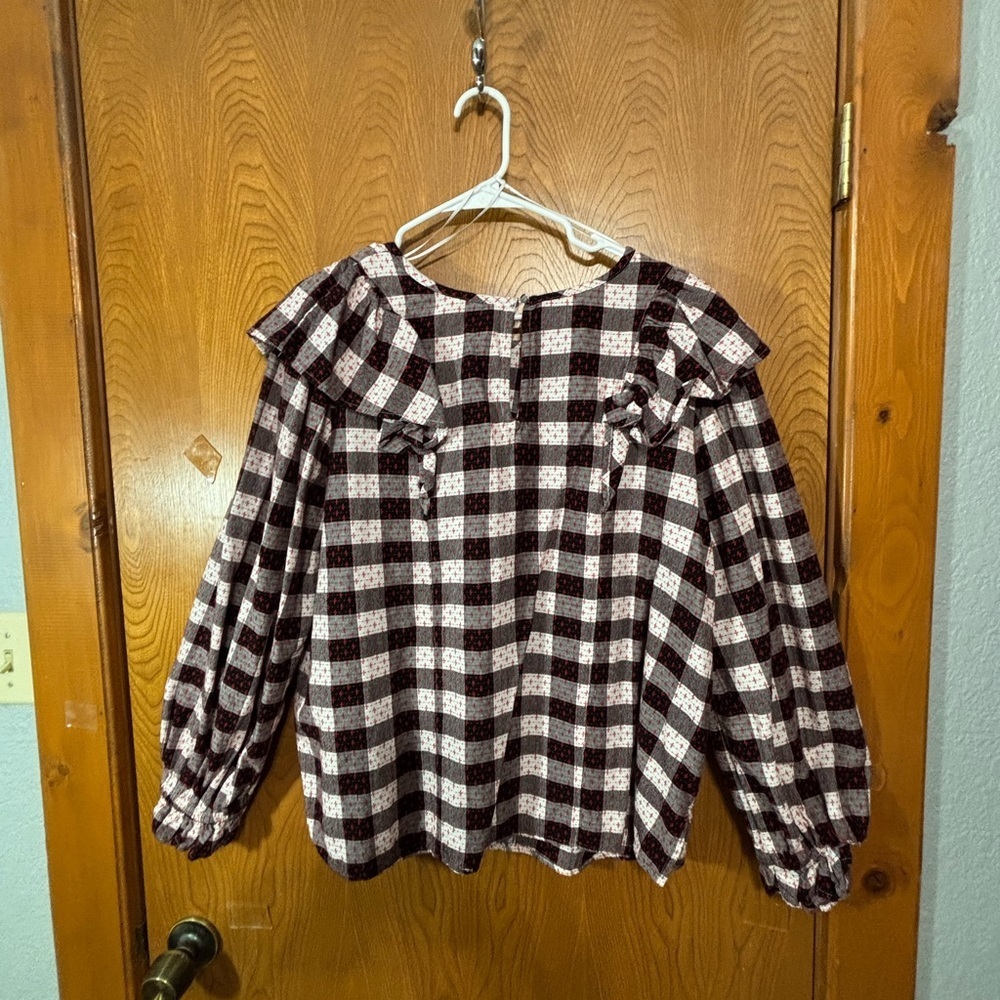Terra & Sky blouse with black, white and Gray Checkered Top with Red Detail - Picture 6 of 9